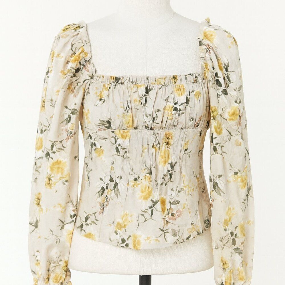 Row.A Long sleeved Ruffle Floral Blouse Top Smocked Off Shoulder Tan & Yellow XL